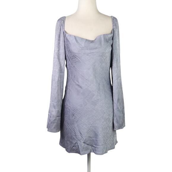White Fox silver blue cowl neck long sleeve satin mini dress S - Picture 1 of 7